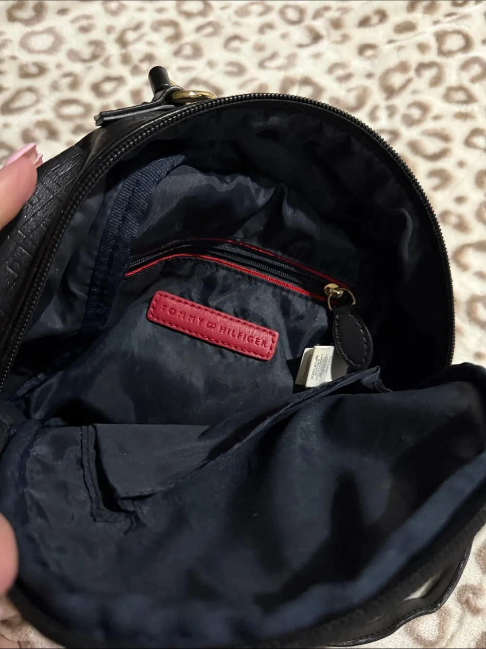 Tommy Hilfiger Black Mini Backpack with Gold TH Logo Accent